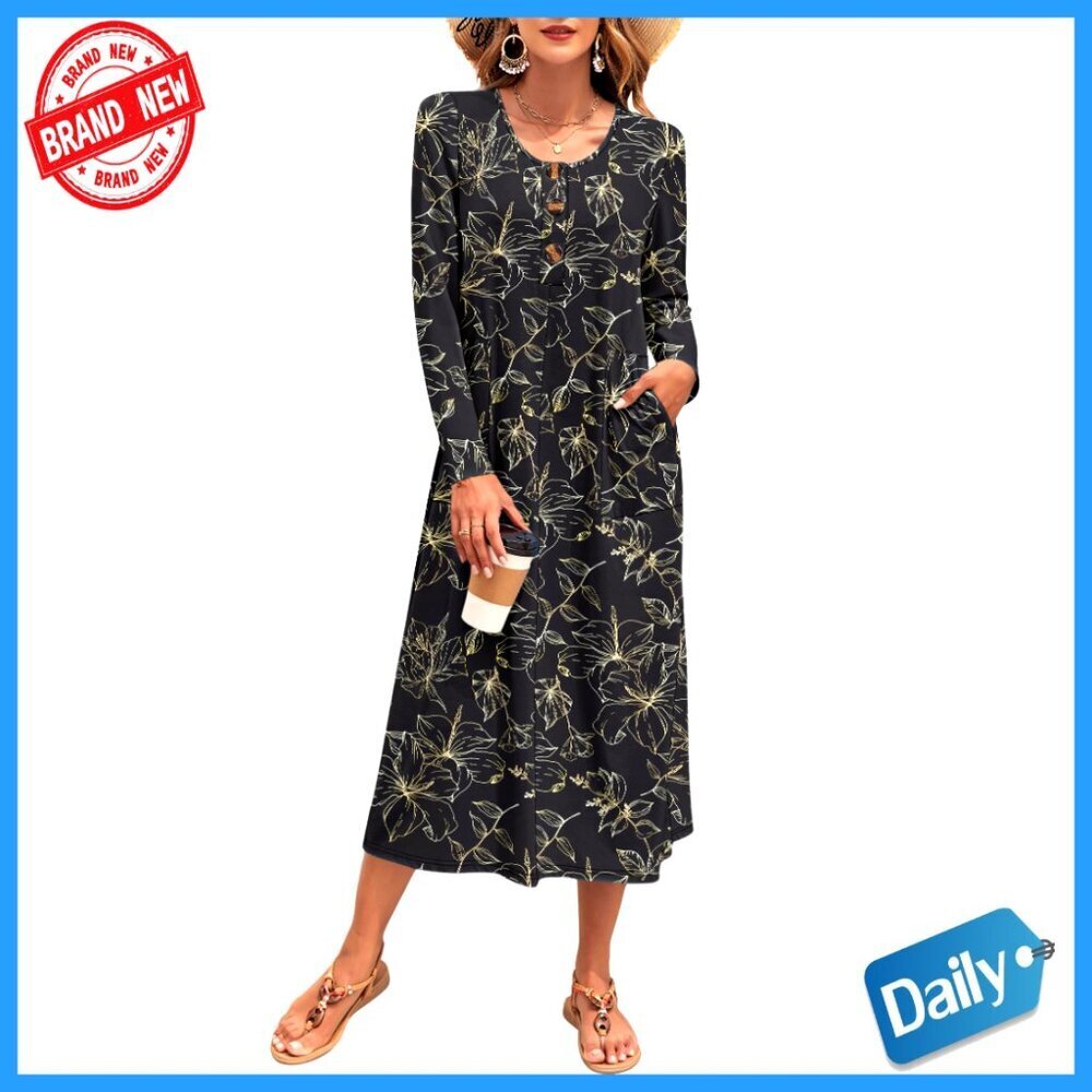 Long Sleeve Maxi Dress Loose Fit Knit Lightweight Casual with Pockets